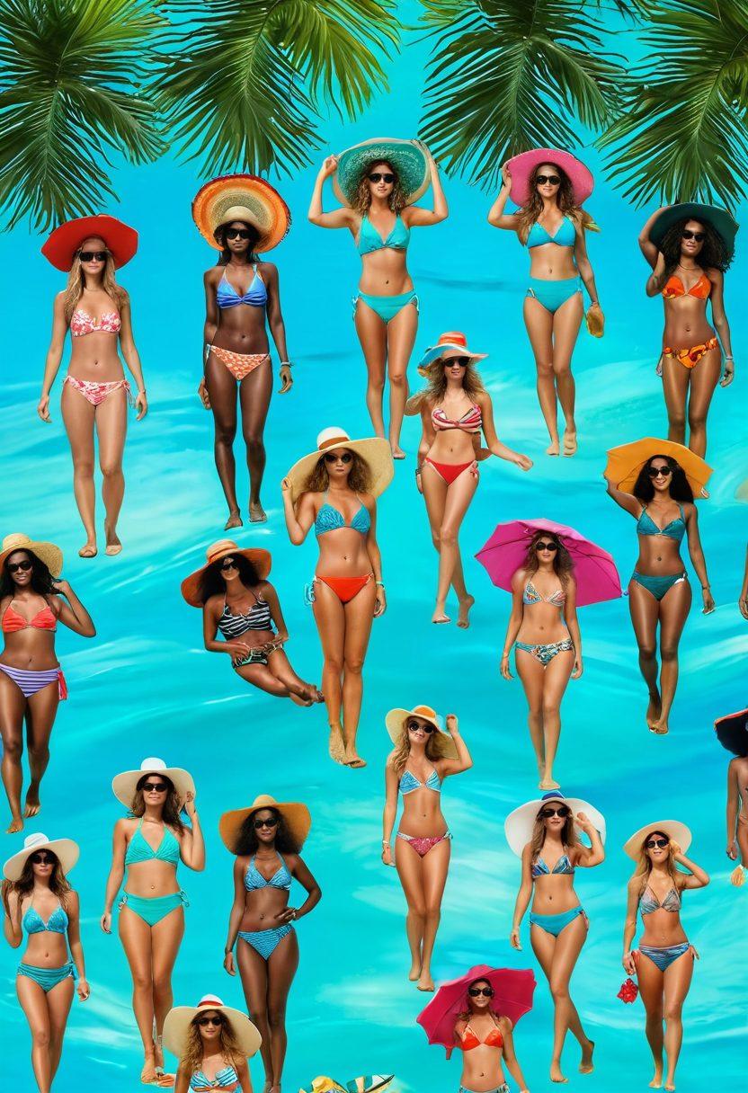 A sun-kissed beach scene filled with diverse women showcasing the hottest bikini styles, vibrant tropical surroundings with palm trees and colorful beach umbrellas, clear turquoise water in the background, sunlight reflecting off the waves, stylish accessories like hats and sunglasses adorning the models. vibrant colors. super-realistic. summer vibe.